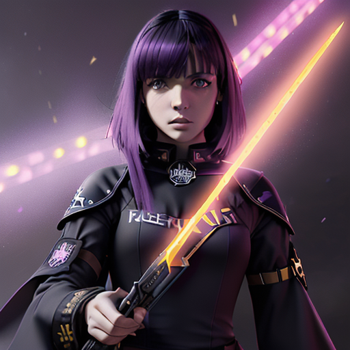 Lily stands at the forefront of a rebellion, wielding a gleaming sword, as a radiant light surrounds her, inspiring hope in the hearts of her fellow rebels.